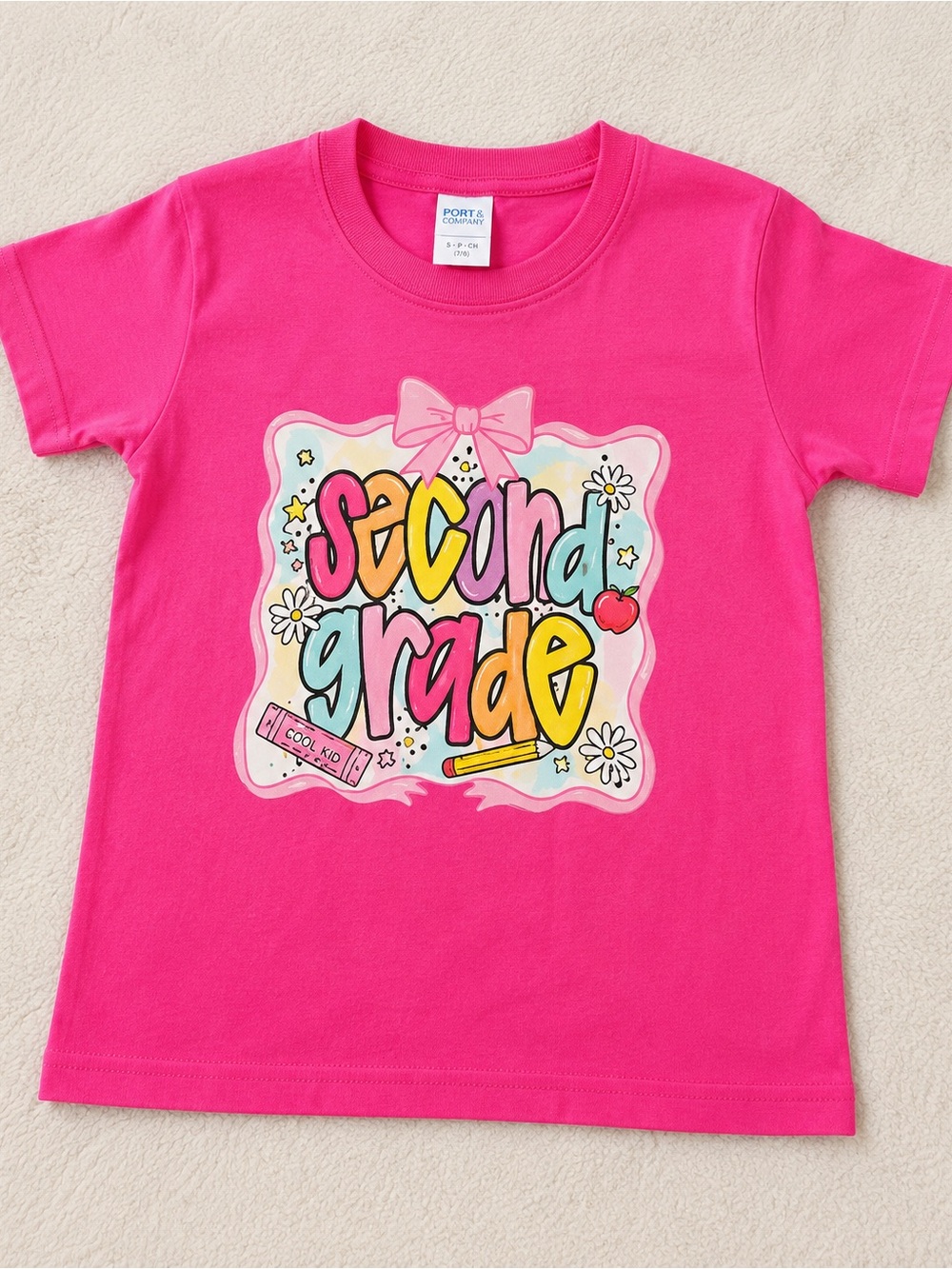 New Girls Second Grade Graphic Tee Pink Back-to-School Shirt Size 7/8